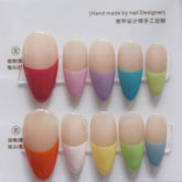 Vibeficant Progel Nude Handmade Gel Press on Nails Medium Almond Colorful French Tip Design